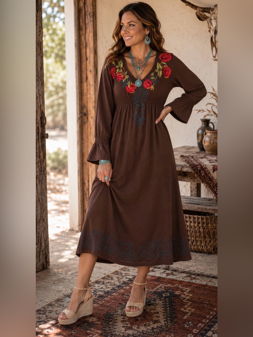 Bella Carra Brown Embroidered Rose Western Boho Bell Sleeve Dress